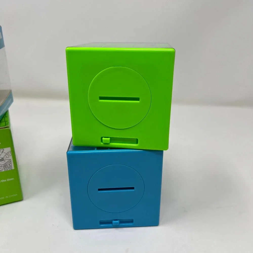 T.T. Toys Maze Money Box T70 Puzzle Bank Cube Blue & Green Lot of 2 Gift Novelty